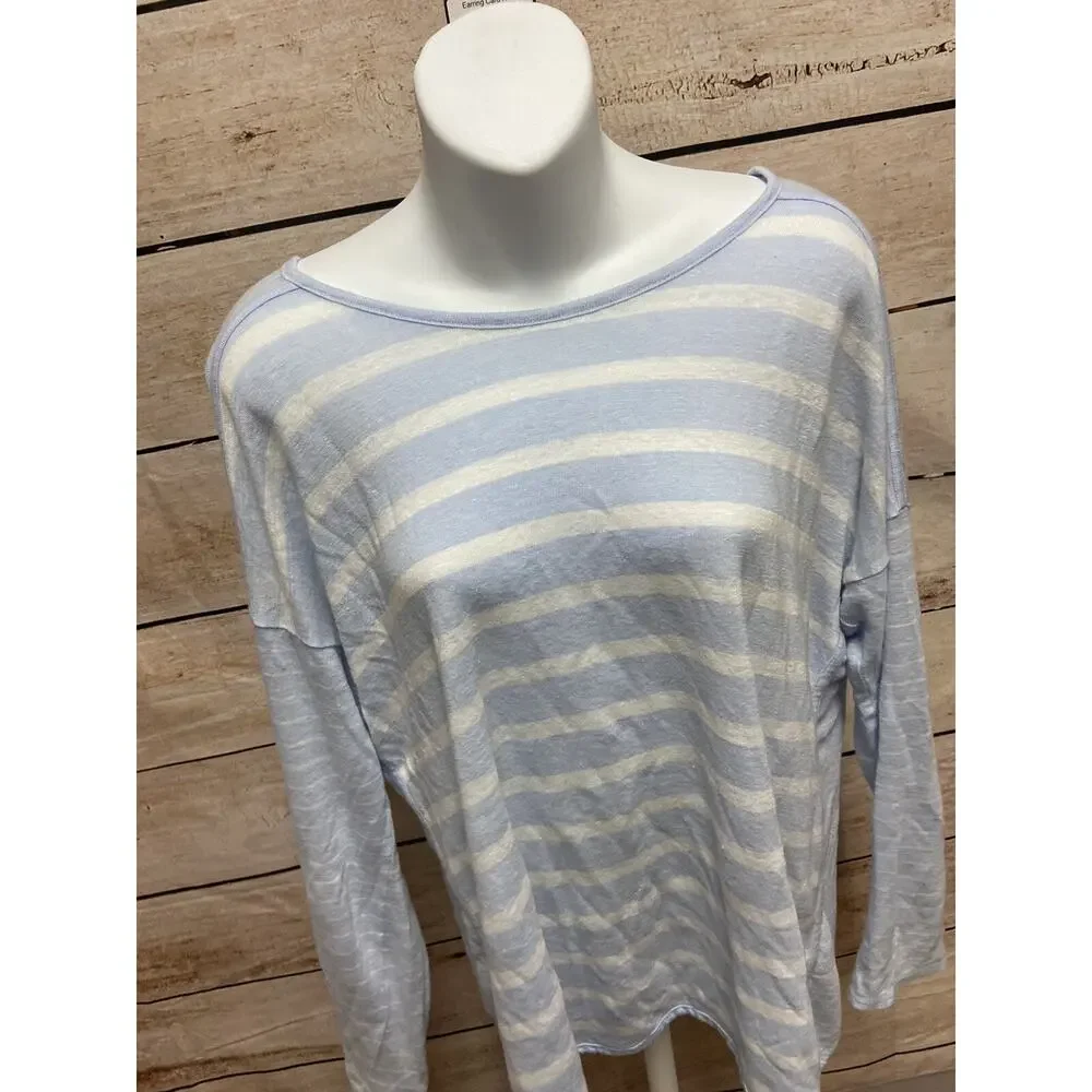 Athleta Womens Linen Shirt Size Large Blue Striped Blouse Casual Top Long Sleeve - Picture 5 of 13